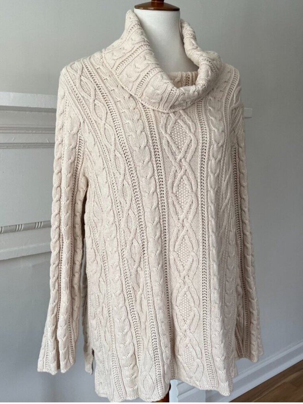 Vintage Plus Size Sweater 2X Fall Fisherman Oversize 1X Cotton Cable Cream Cowl
